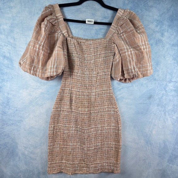 Atoir Dresses & Skirts - Atoir Fool To Love Dress Peach Plaid Smocked Puff Sleeve Mini Dress Sz 4